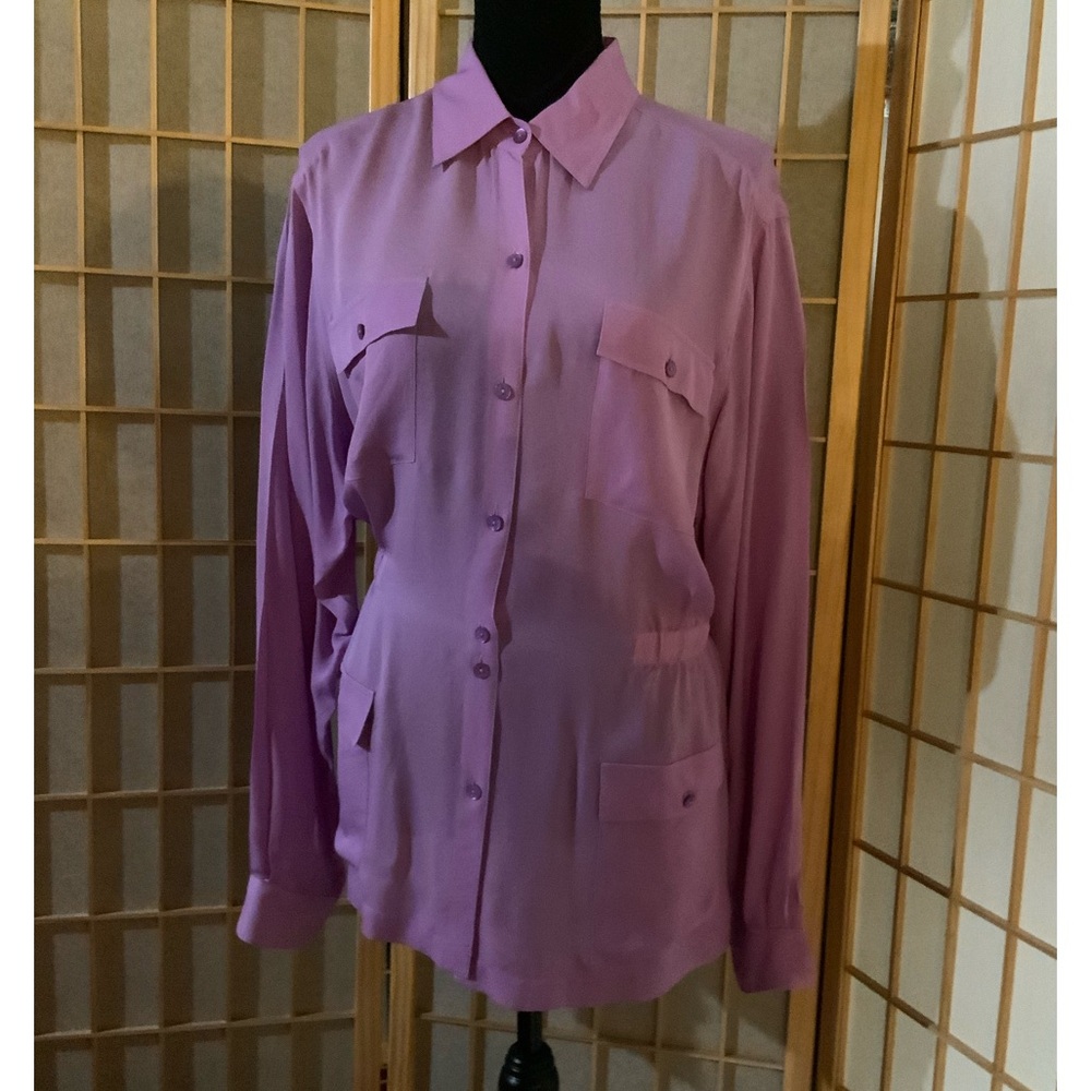 RENA ROWAN  100% silk Purple Button-Up Shirt with elastic waist.